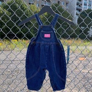 Vtg OshKosh B'Gosh Bubble Overalls Dark Denim Candy Pink Patch 2T Kidcore